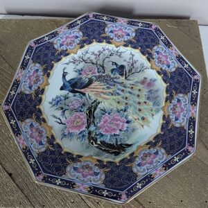 Vintage Japan Peacock Decorative Plate 10.5” Cobalt Blue Gold Octagonal Porcelai